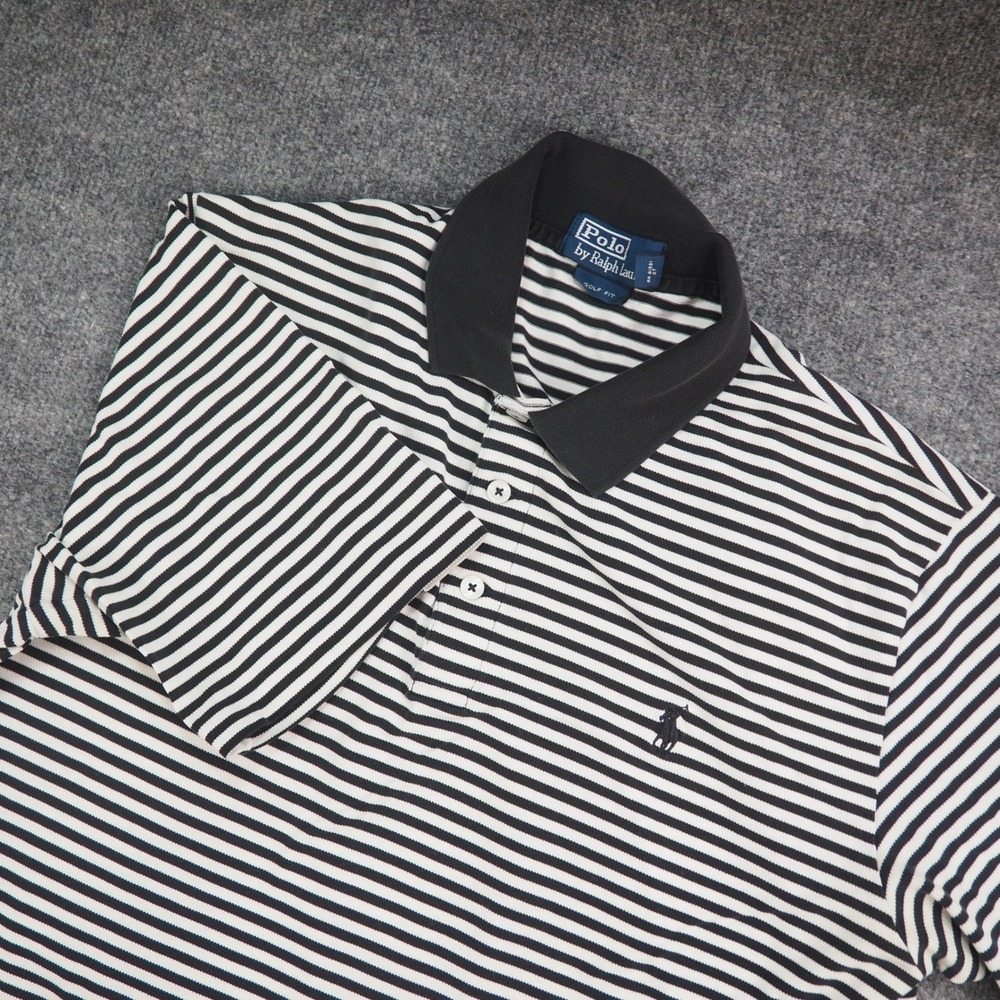 Polo Ralph Lauren Shirt Mens Med Golf Fit Black Striped Short Sleeve Preppy